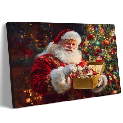 Large Abiella Santa Claus Painting Poster – Classic Holiday Scene Wall Artwork with Decorated Christmas Tree Picture Prints for Living Room Bedroom Kitchen, 20×30 Inches