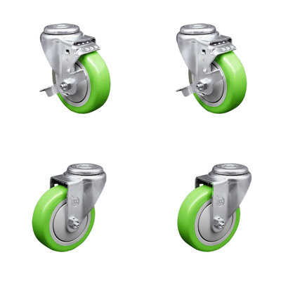 4 Inch Green Polyurethane Wheel Swivel Bolt Hole Caster Set with 2 Brake SCC -  Service Caster, SCC-BH20S414-PPUB-GRN-TLB-2-S-2