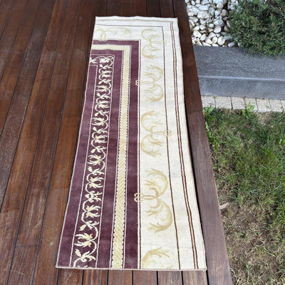 Tapis turc tissé à la main en laine brune pour les couloirs et les couloirs avec un design rétro anatolien