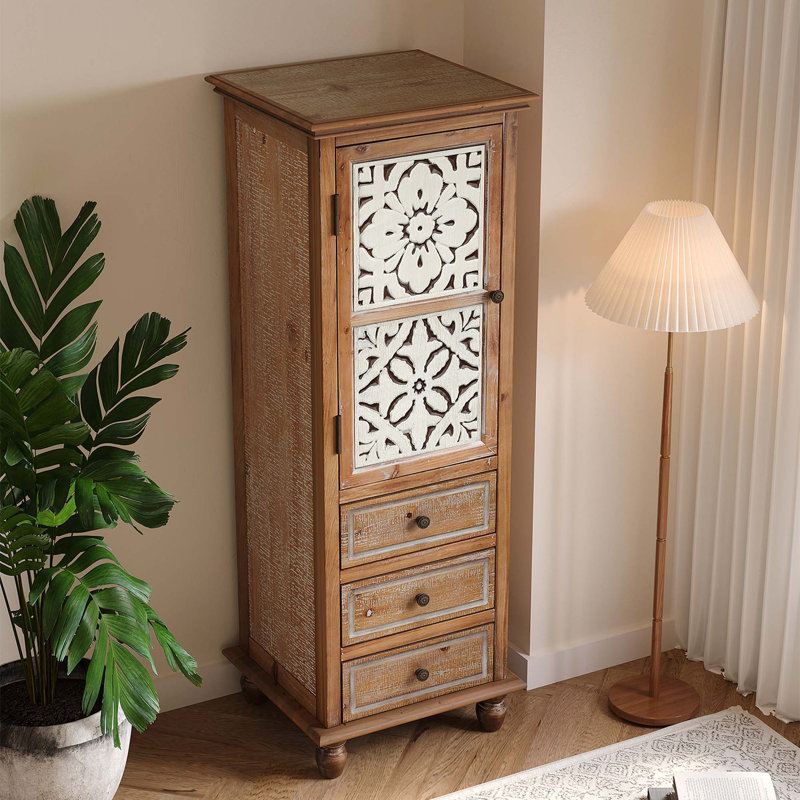 Armoire de rangement rustique en bois avec porte à découpes florales et rangement à 3 tiroirs