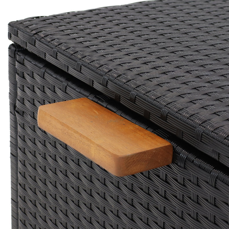 Black Resin Wicker 75-Gallon Deck Storage Box with Acacia Handles