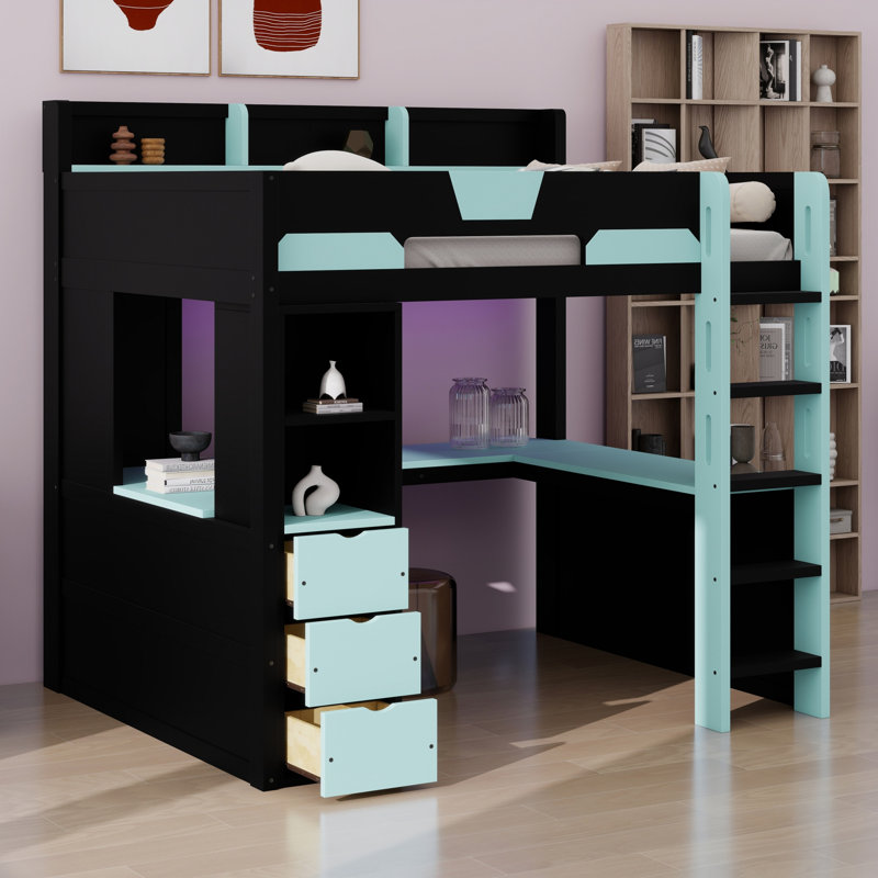 Lit mezzanine polyvalent avec bureau, tiroirs et tablettes de rangement, Black+Blue
