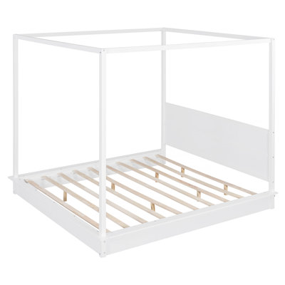 Très grand lit à baldaquin à DEL en bois, lit plateforme à baldaquin avec lattes de soutien, aucun sommier tapissier requis, blanc