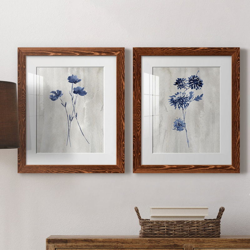 Indigo Botanical III - ensemble de 2 reproductions d'impressions, H 24 po x l 36 po x P 1,5 po, Papier avec cadre érable