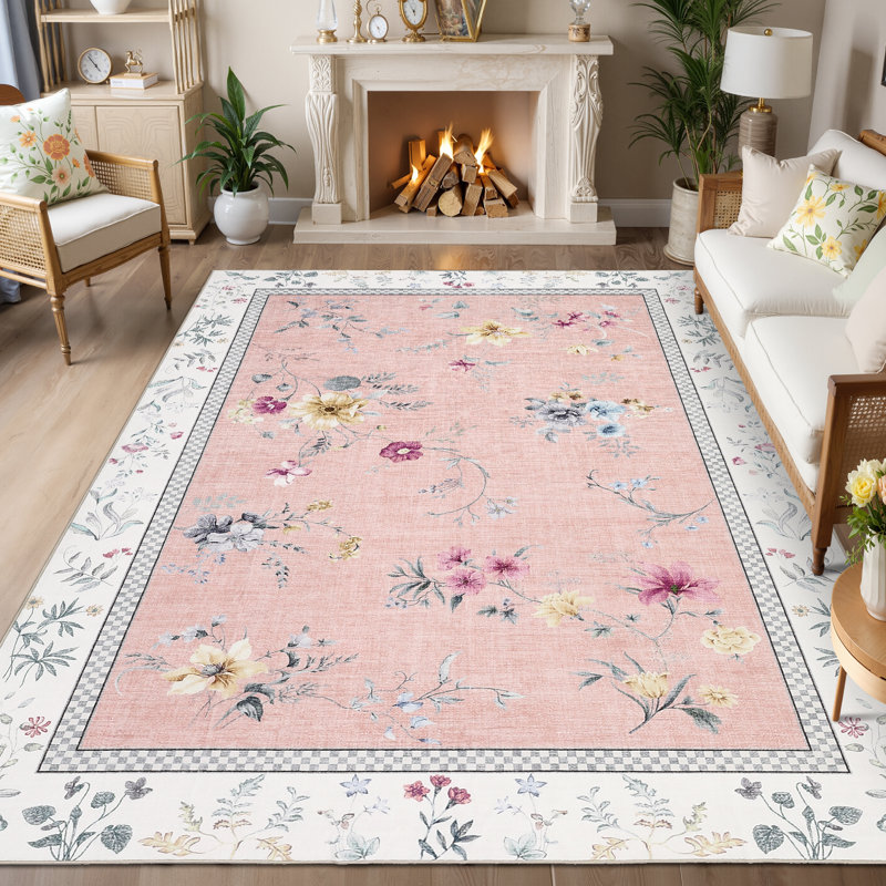 Washable Area Rugs for Living Room Modern Floral Bedroom Rugs for Dining Room OfficeContemporary Home Decor Rug, Pink