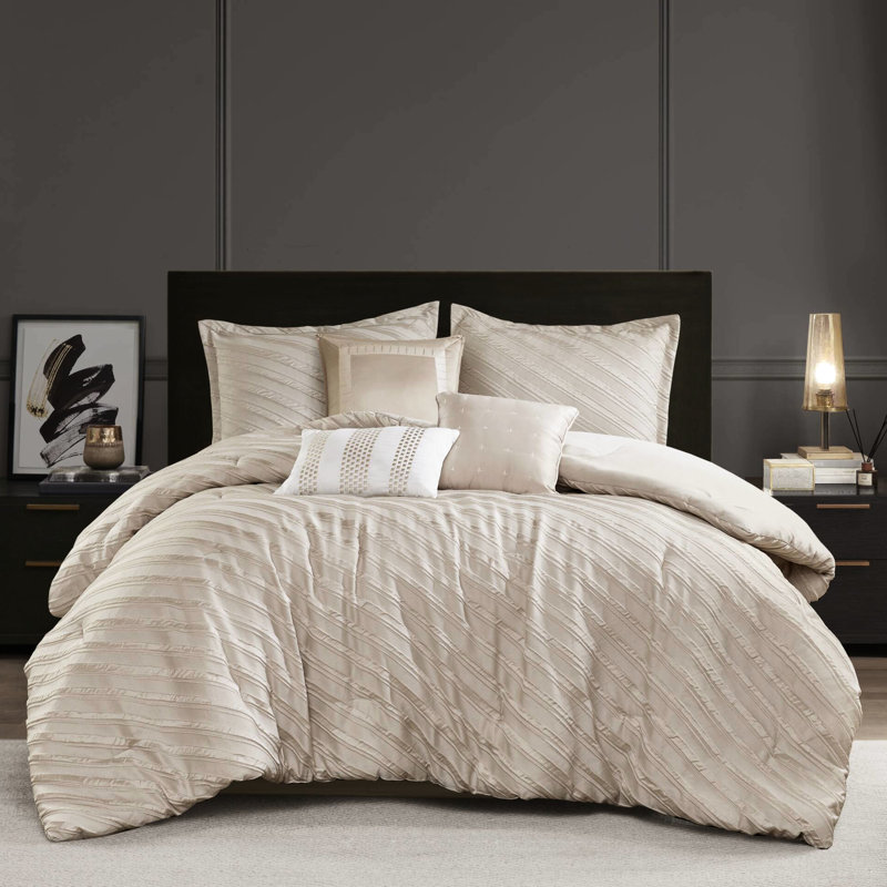 Édredon grand beige 7 pièces avec motif diagonal, rembourrage toutes saisons, jupe de lit de luxe de 15 po de hauteur