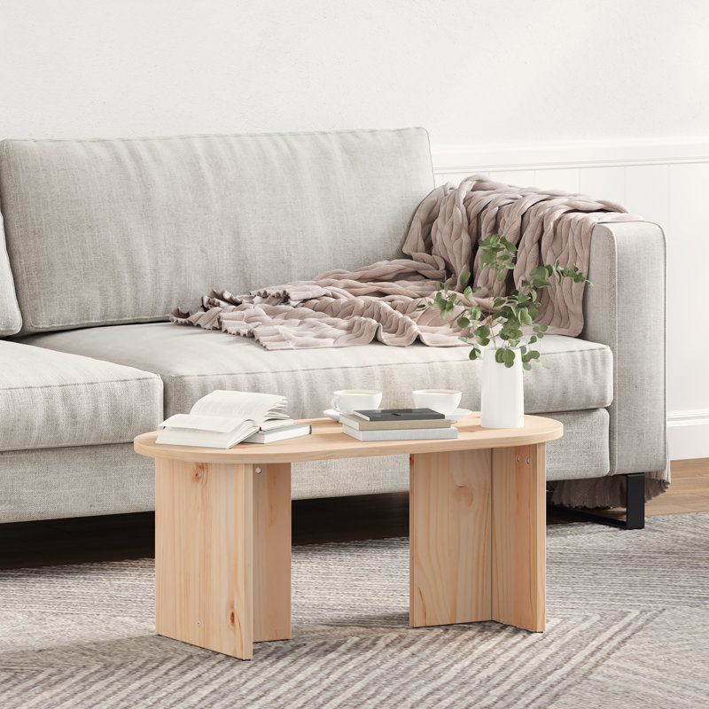 Coffee Table Solid Pine wood Modern Oval Living Room Indoor Decor, Natural