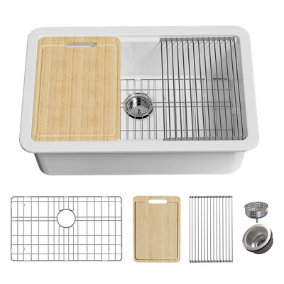 30" L x 19" W Fireclay Undermount Workstation Kitchen Sink, Drop-in Kitchen Sink White Single Bowl, Dual Mount, Included 4 Custom Accessories