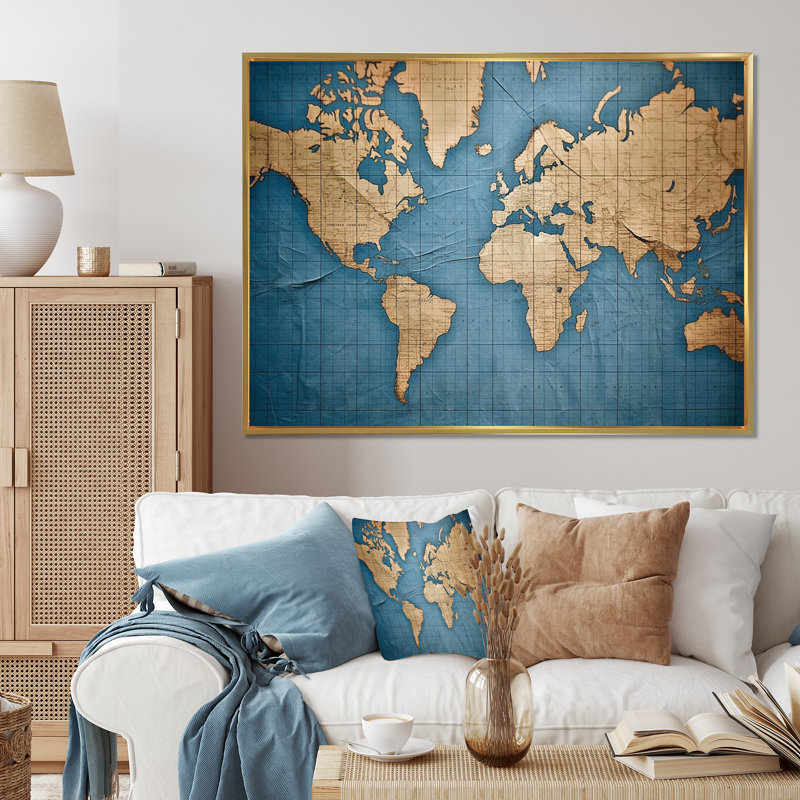 Ancienne carte du monde VII, reproduction d'art sur toile, Cadre flottant doré, H 24 po x l 32 po x P 1 po