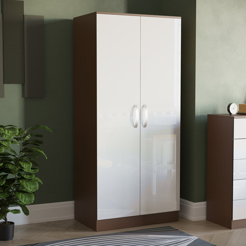 Arkadij 2 Door High Gloss Manufactured Wood Wardrobe With Internal Shelf and Hanging Rail, White/Walnut