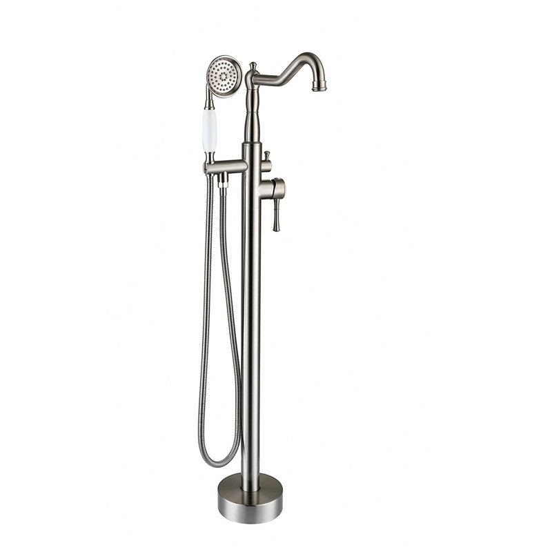 Brushed Nickel Bathtub Faucet With Hand Shower - Metal, 44.82 In. Height Stylish Metal Freestanding Depth, Bathroom Fixture