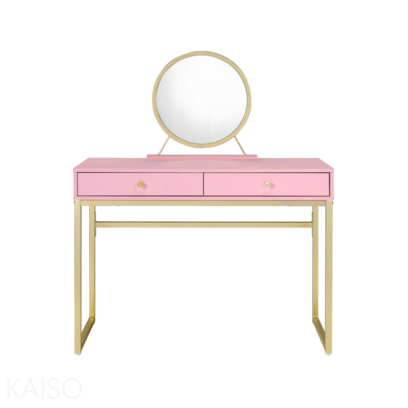 Pink & Gold Finish Vanity Desk W/Mirror & Jewelry Tray