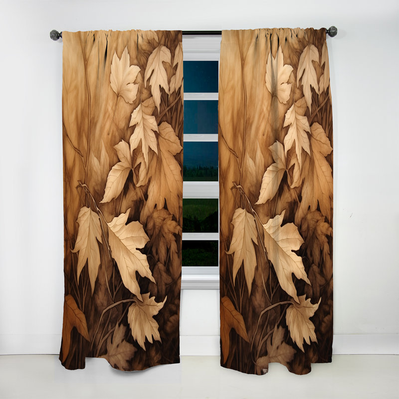 Brown Beige Leafs Harmony III - Traditional Curtain - Velvet Room Darkening - 1 Panel, 52" W x 120" L