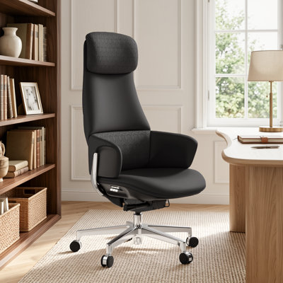 Top-Grain Genuine Leather High Back Executive Office Chair, Wide Wrapped Armrests, Height Adjustable Swivel Tilt Desk Chair (Blcak)