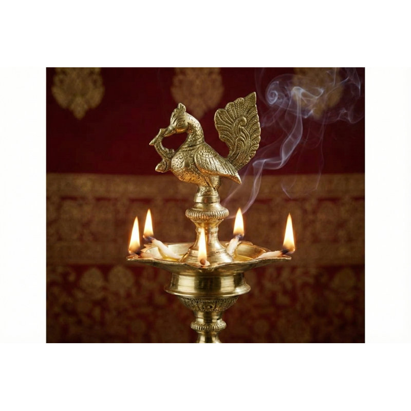 48-Inch Decorated Brass Peacock Floor Lamp, Large Annam Vilakku Diya for Entryway & Temple Deco