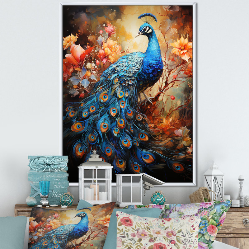 «Majestic Blooming Plumage Peacock II», reproduction sur toile, Cadre flottant blanc, H 44 po x l 34 po x P 1,5 po