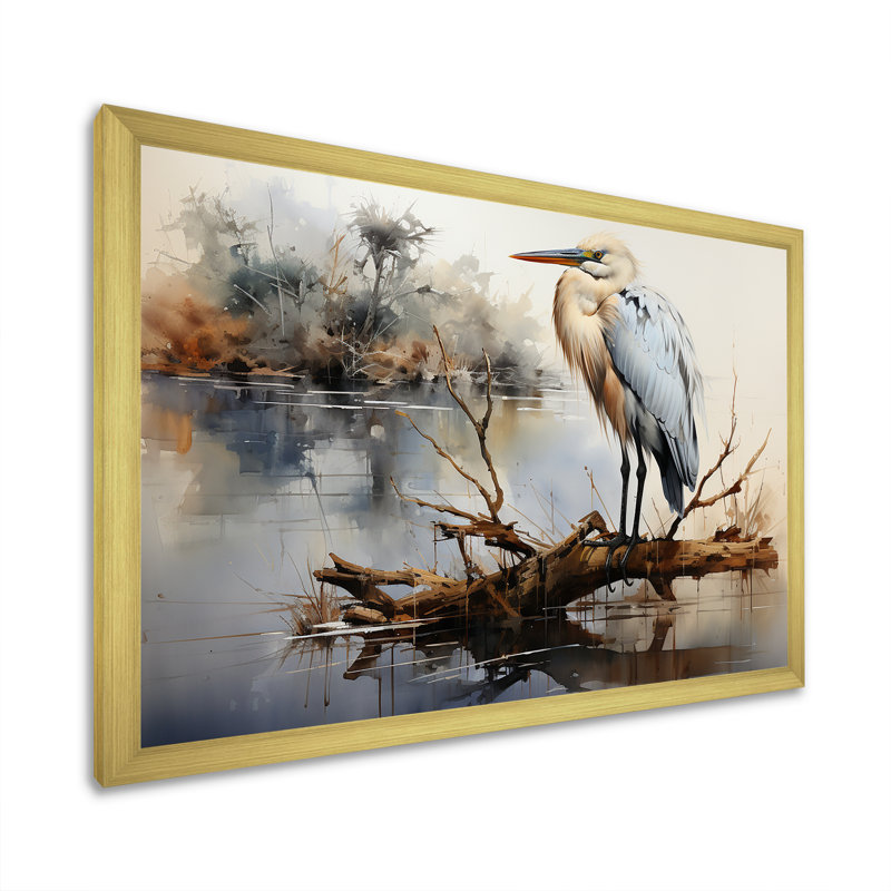Héron au lac Horizon - héron, art mural, H 30 po x l 40 po x P 1,5 po, Cadre doré