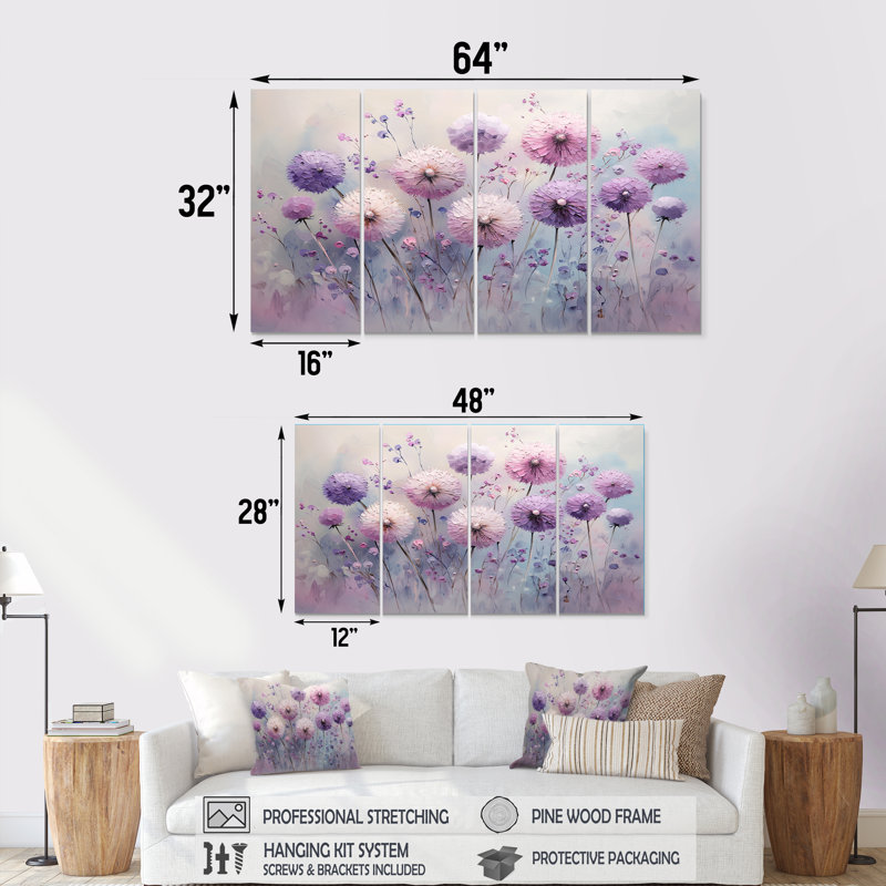 Lavande pissenlit champ d'hiver II - art mural pissenlit - ensemble de décorations murales traditionnelles, H 28 po x l 48 po