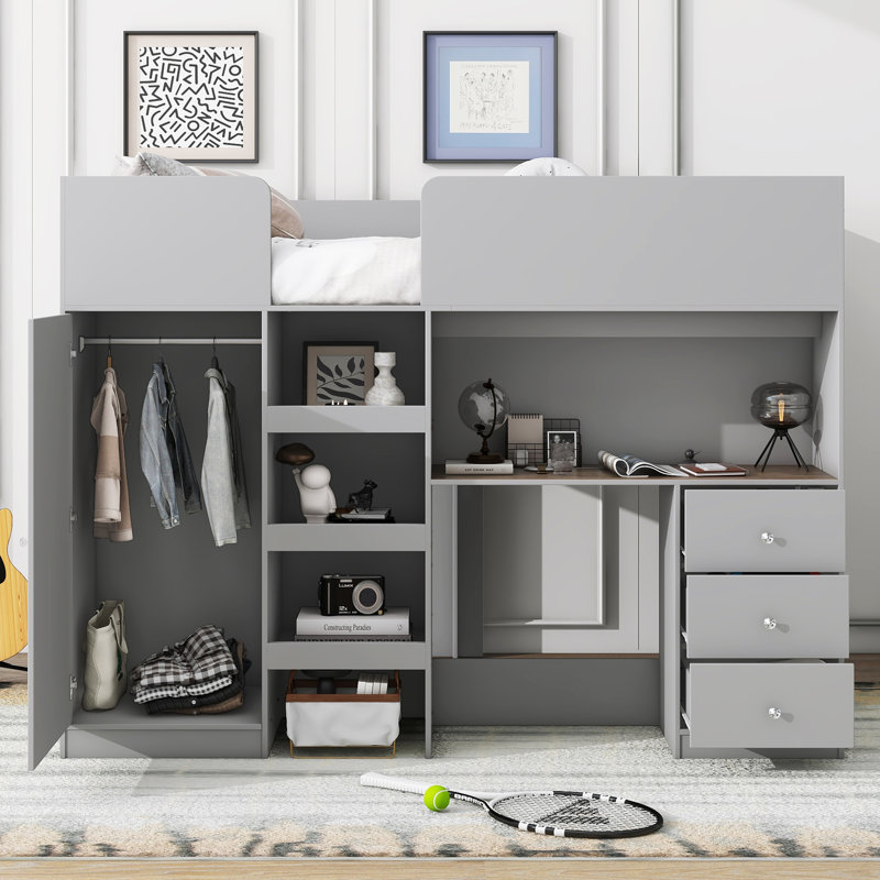 Lit mezzanine en bois avec garde-robe intégré, Gris