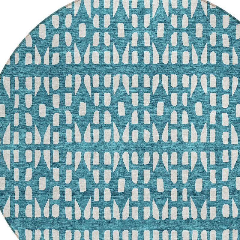 Tapis intérieur / extérieur rond 8 pi bleu sarcelle et ivoire
