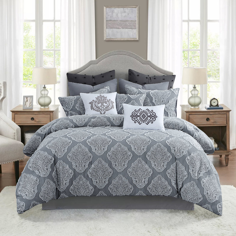 Ensemble d'édredon damassé en microfibre Suniya, Lit simple extra long confort + 4 pièces supplém, Gris