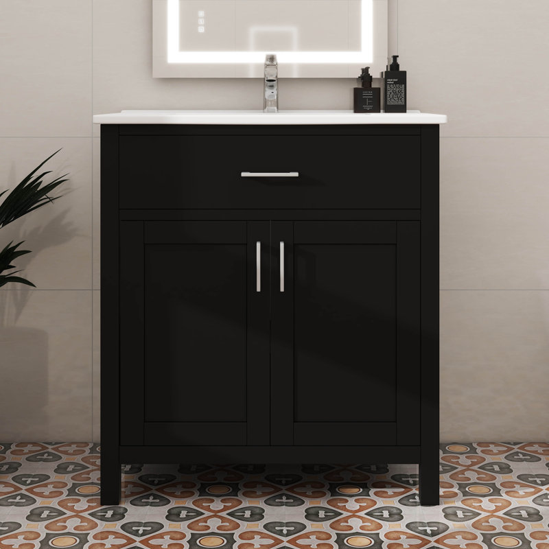 Ensemble de meuble-lavabo et lavabo autoportant de 30 pouces avec armoire à tiroirs, Noir