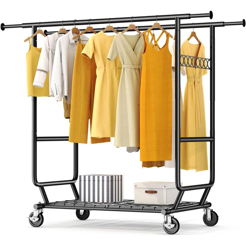 Double Rail Clothes Rack on Wheels, 295kg(650lbs) Capacity with Bottom Shelf, Extendable Length & Height, Black