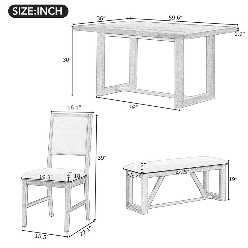 6-Piece Retro Dining Set, 1 Rectangular Table with 4 Upholstered Chairs and 1 Bench, Grey