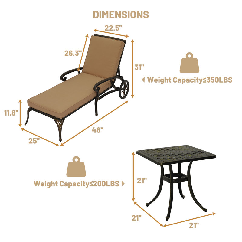 Outdoor Metal Chaise Lounge Set with Coffee Table (Set of 2), Beige