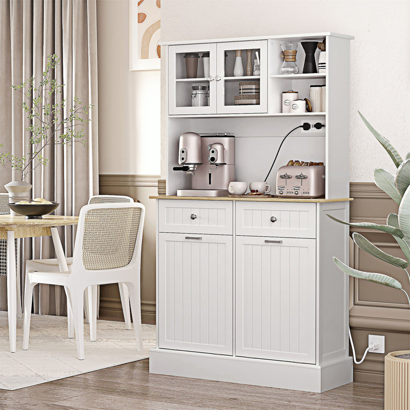 Kitchen Pantry Storage Cabinet with Charging Station and Tilt Out Trash Cabinets