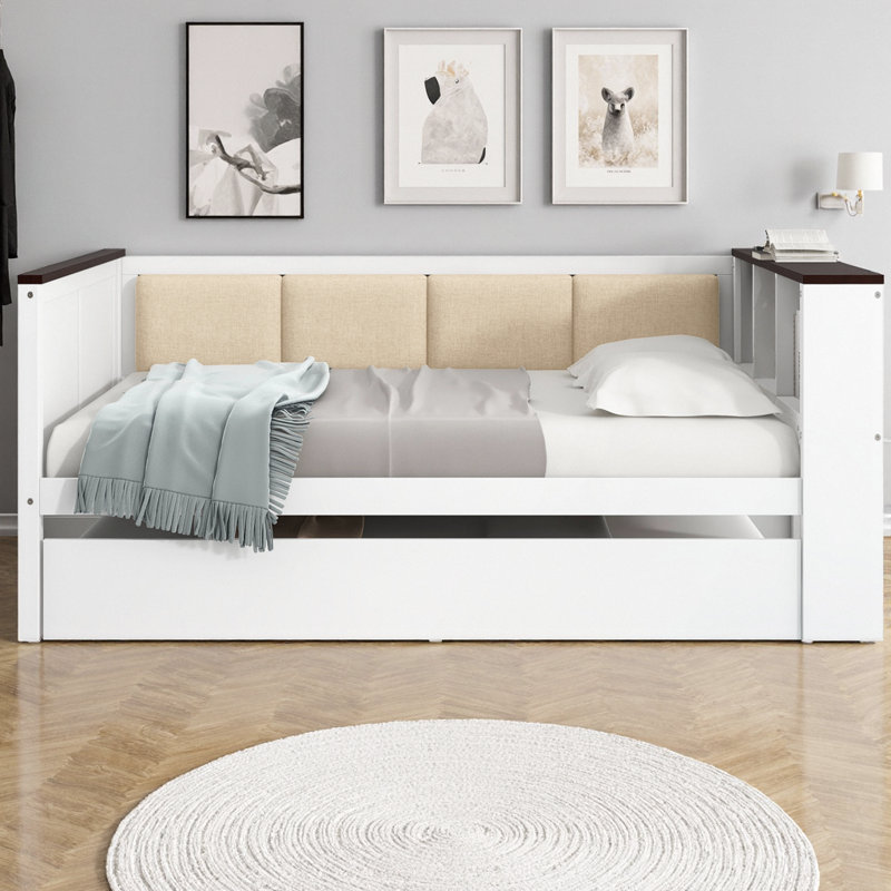 Wood Daybed with Trundle and Storage Shelves, Upholstered Backrest with USB Charging Station, White Solid Pine Frame for Bedroom, Guest Room or Office, No Box Spring Needed