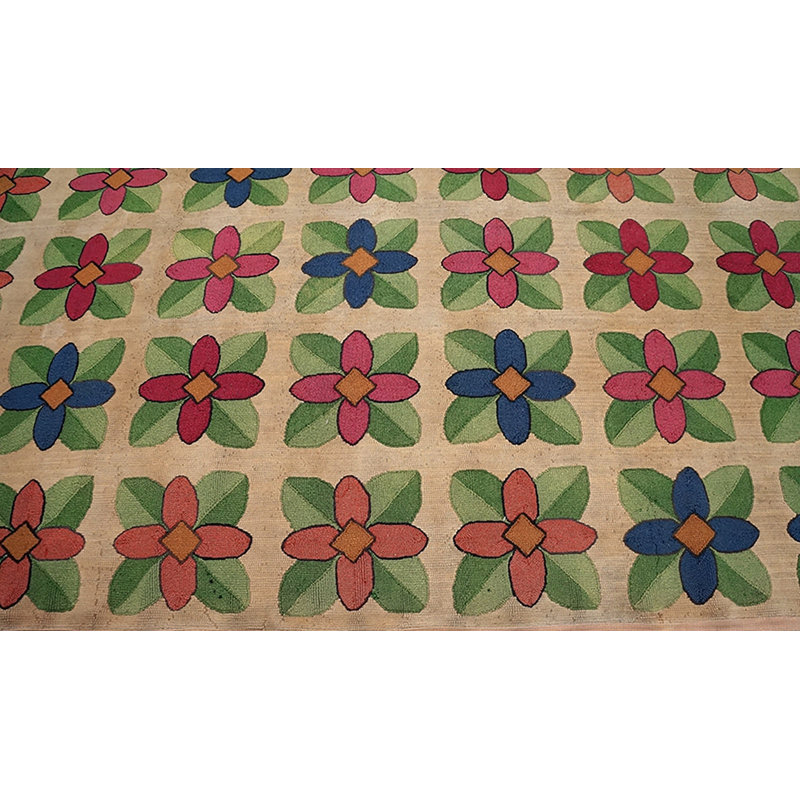 Ivory Room Size Antique Geometric Floral American Folk Art Design Hooked Rug