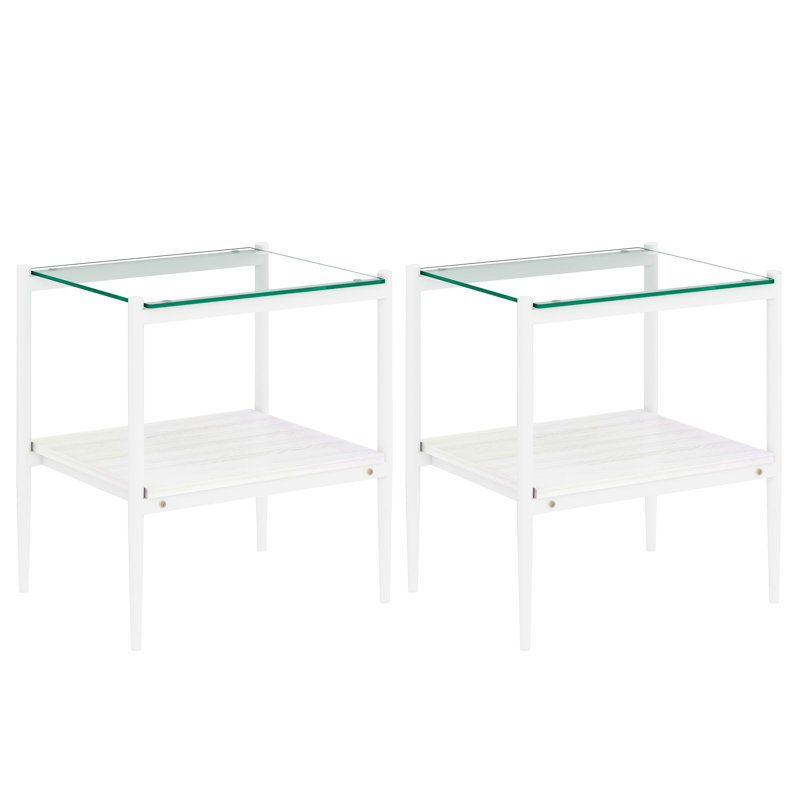 Living Room 2 Rectangle End Tables With Practical And Stylish Glass Tempered, White, Transparent