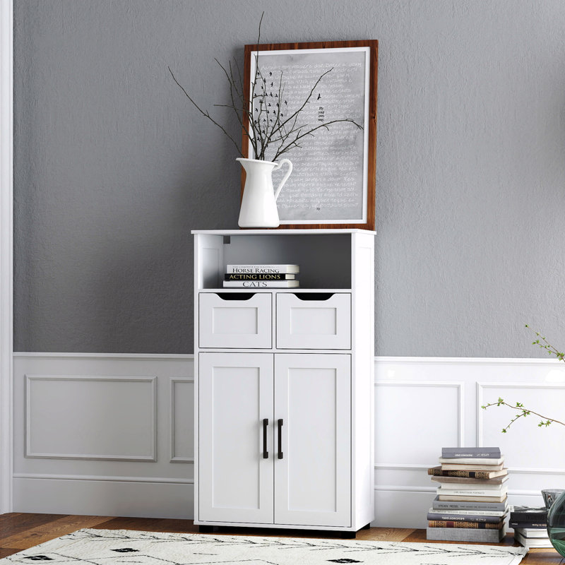 Armoire de rangement polyvalente - portes doubles + 2 tiroirs + tablettes ouvertes (tablettes intérieures réglables)