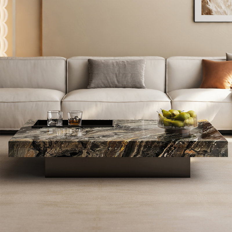 Table basse Luxury-lite rectangulaire en marbre, H 11,8 po x L 63 po x l 35,4 po, Beige
