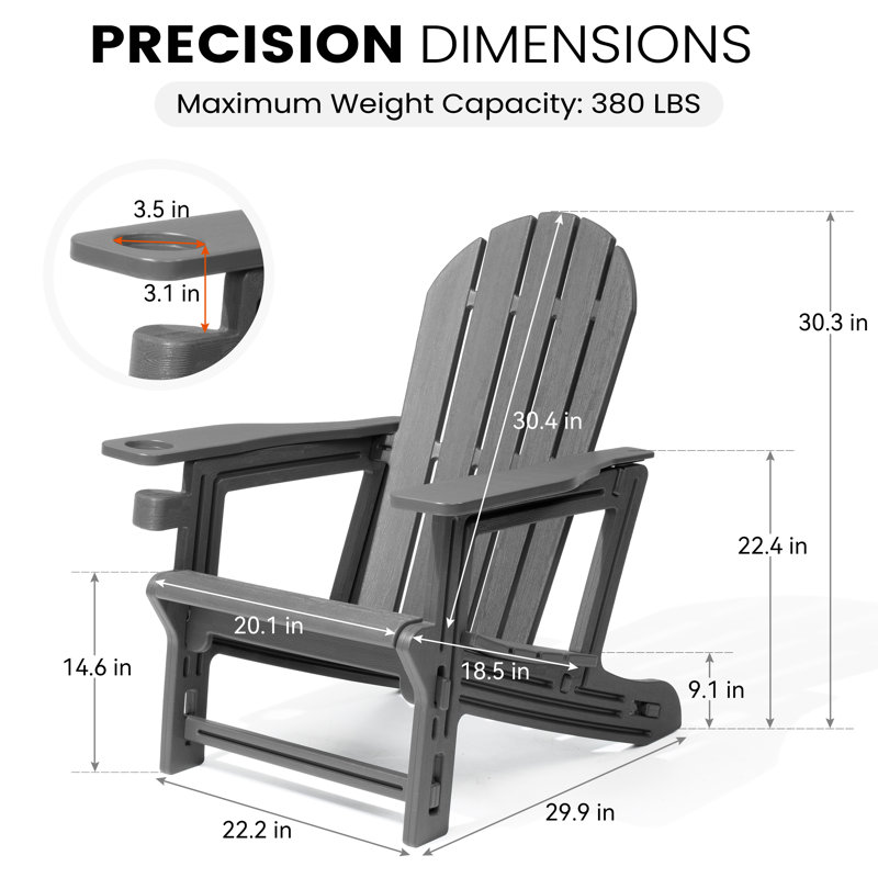 Outdoor HDPE Adirondack Chair With Tool-Free Assembly, Gray, 2