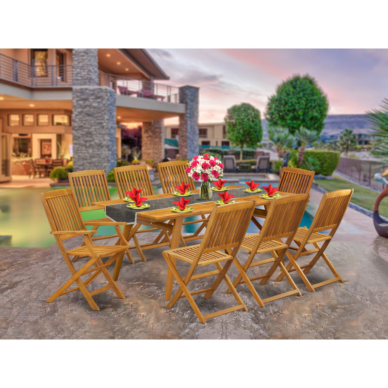 9 Piece Patio Garden Table Set Includes a Rectangle Outdoor Acacia Wood Dining Table and 2 Folding Arm Chairs with 6 Side Chairs, 40x72 Inch, Natural Oil