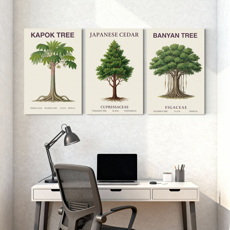 Plantes et fleurs Kapok arbre japonais cèdre Banyan ensemble de 3 impressions sur toile, H 24 po x l 48 po