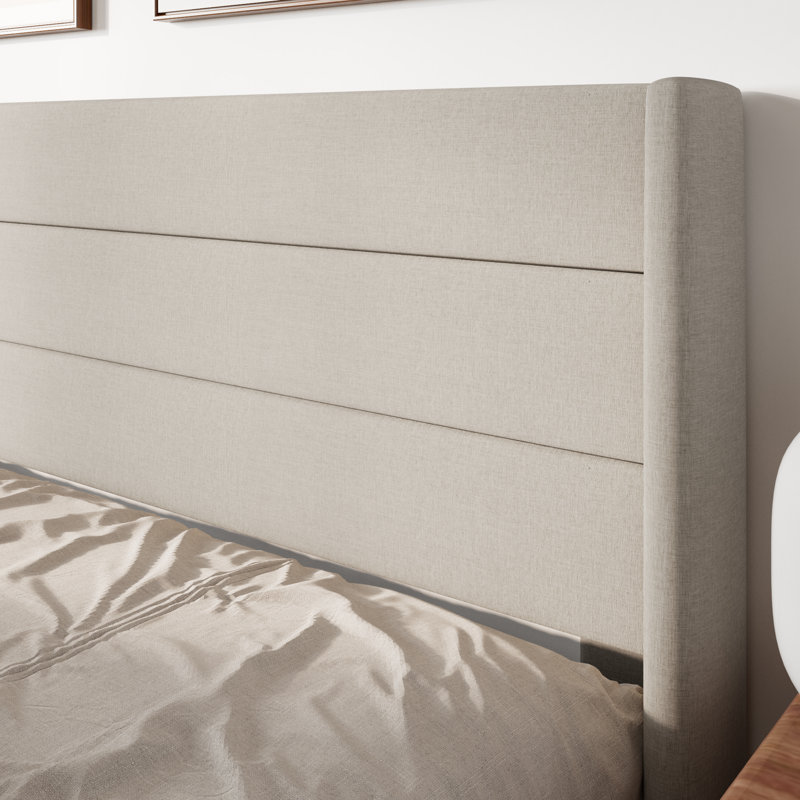 Braya Hydraulic Lift Up Storage Upholstered Platform Bed, Queen, Greige Linen