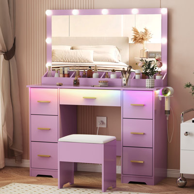 Bureau de coiffeuse avec tabouret - Miroir lumineux à DEL