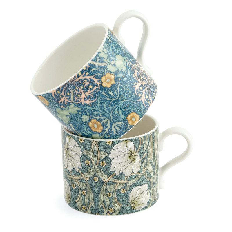 Elegant White Ceramic Mugs with Floral Designs, Set of 2