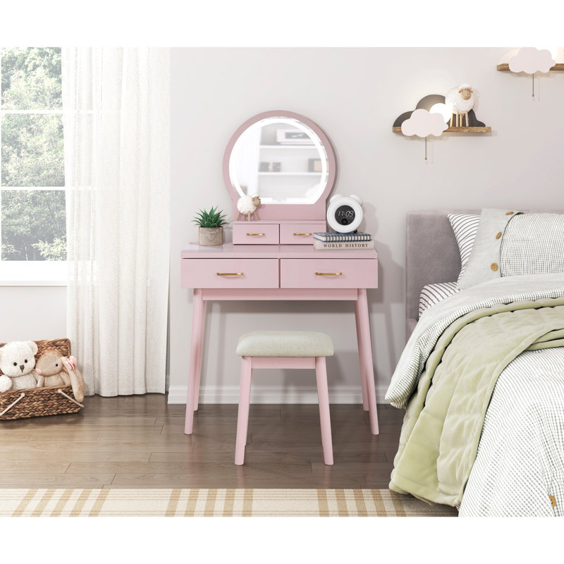 Pink Vanity For Bedroom With Mirror, Stool & Spacious Drawers Furniture And Mirror - Storage