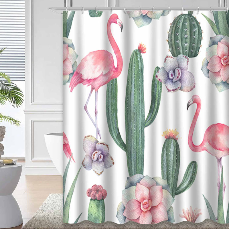 Aquarelle de flamant rose, plantes grasses, invitations de fleurs blanches et 12 crochets, L 72 po x l 72 po