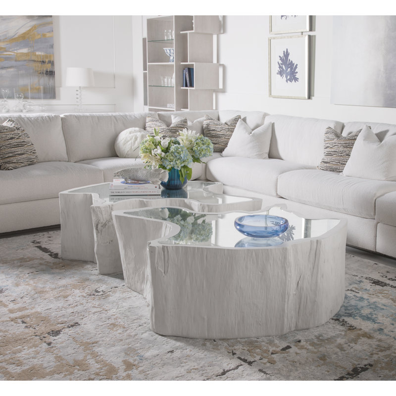 White Glass Top Asymmetrical Cocktail Table with Storage