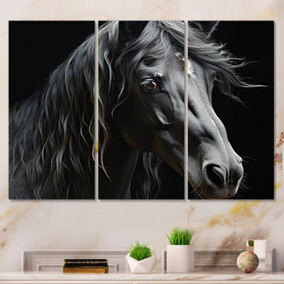 Portrait de cheval noir et blanc sur toile, 3 pièces