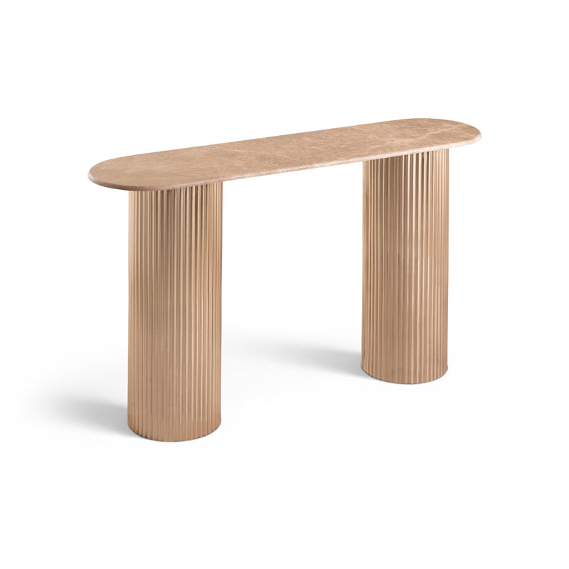 Table console Cindra Beige avec plateau en marbre véritable et piètement en fer, Beige / laiton