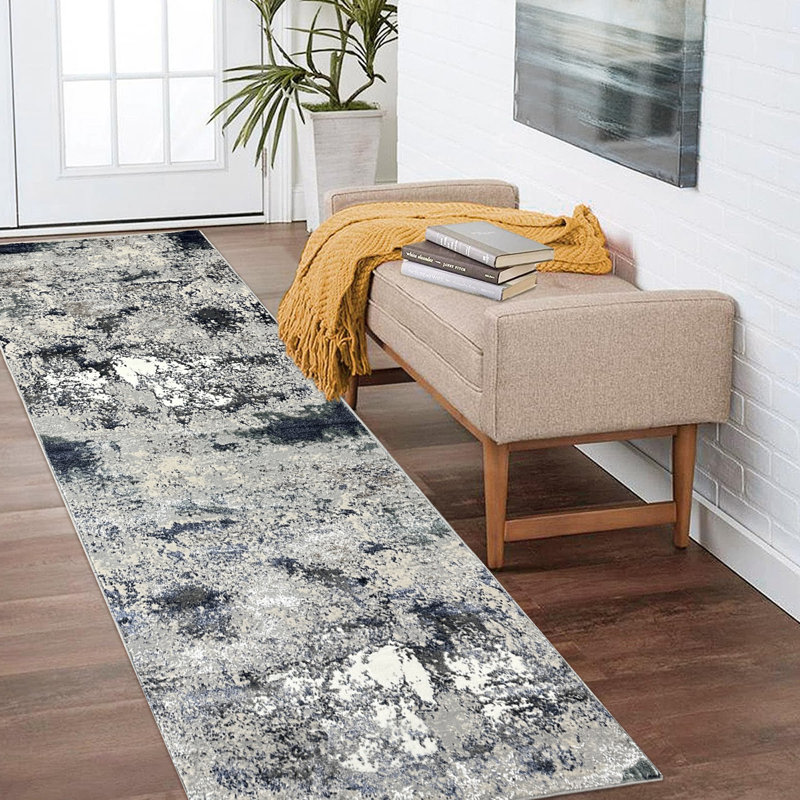 Tapis bleu / gris / brun Ezra, Tapis de couloir 2 pi 6 po x 8 pi