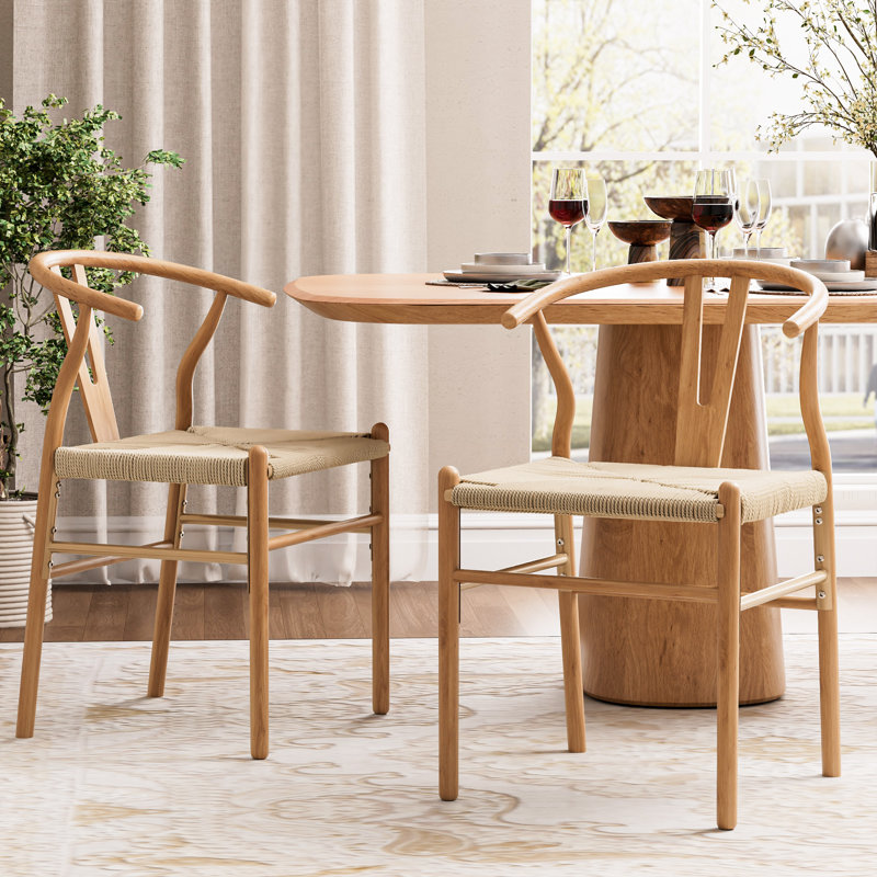 Chaises de salle à manger à dossier en Y en bois massif Wishbone, Naturel / Beige