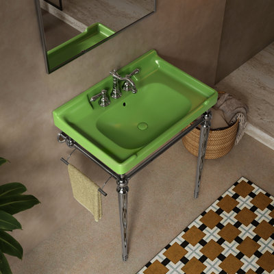 28" Ceramic Bathroom Sink, 3 Faucet Holes In Basin, Stainless Steel Support Legs With Towel Bar, Shine, Easy To Clean And Stable Console Installation Spaces, Finish, Scratch-