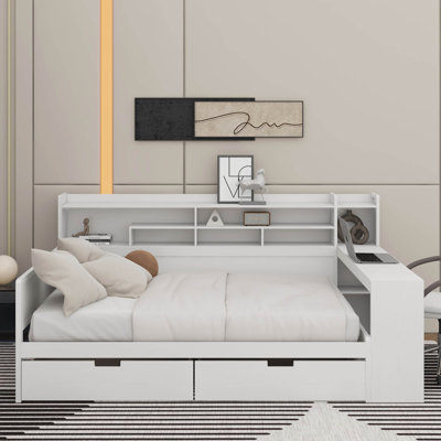 Wooden Full Size Daybed With Storage Shelves, Multi-Functional Bed With 2 Storage Drawers And Study Desk